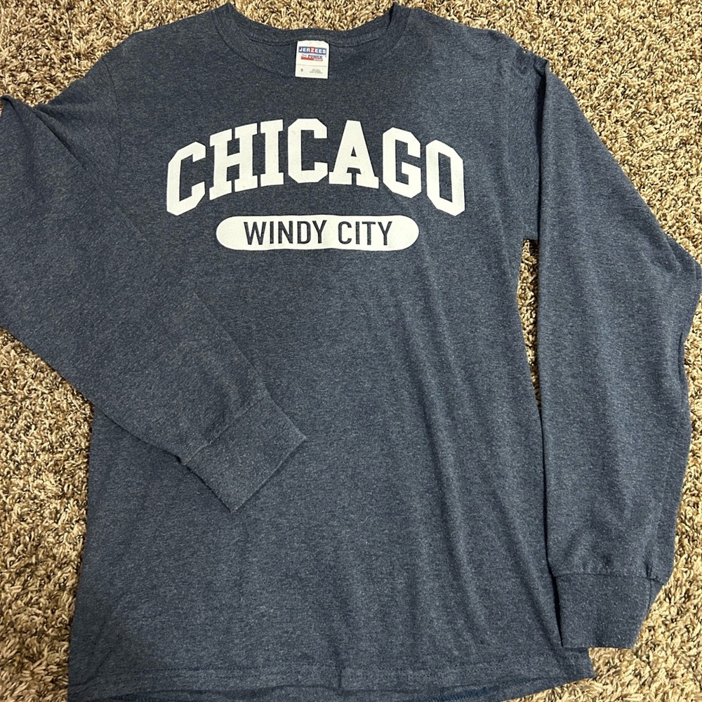 Jerzees Chicago "Windy City" Long Sleeve Tee - Heather Navy with White Print